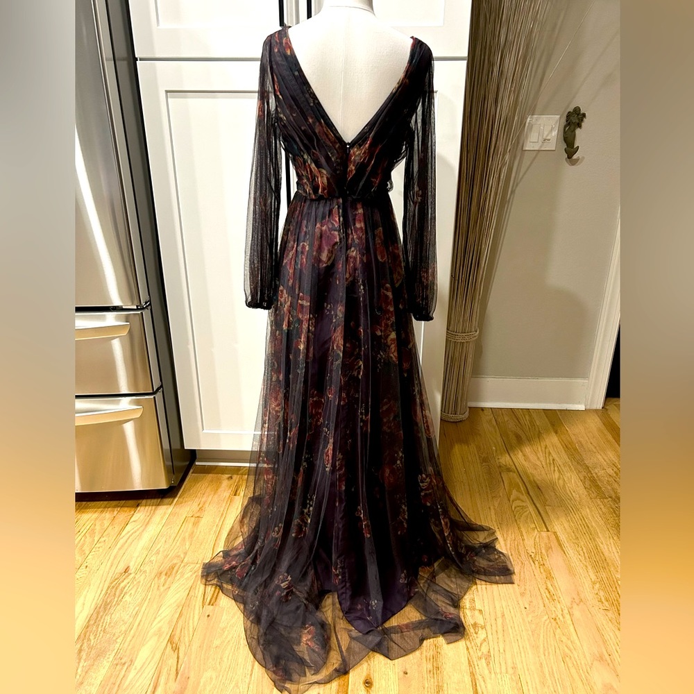 Marchesa Notte Long Floral Print Dress With Black Mesh Overlay, Deep V